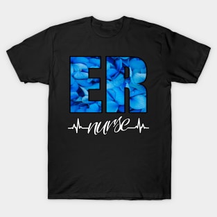 ER Nurse Heartbeat Blue Flower T-Shirt